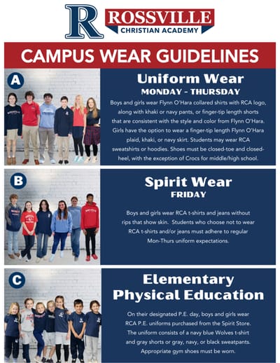 RCA Campus Wear Guidelines chart. The uniform, spirit wear and elementary P.E. rules it lists are written out beside this image.