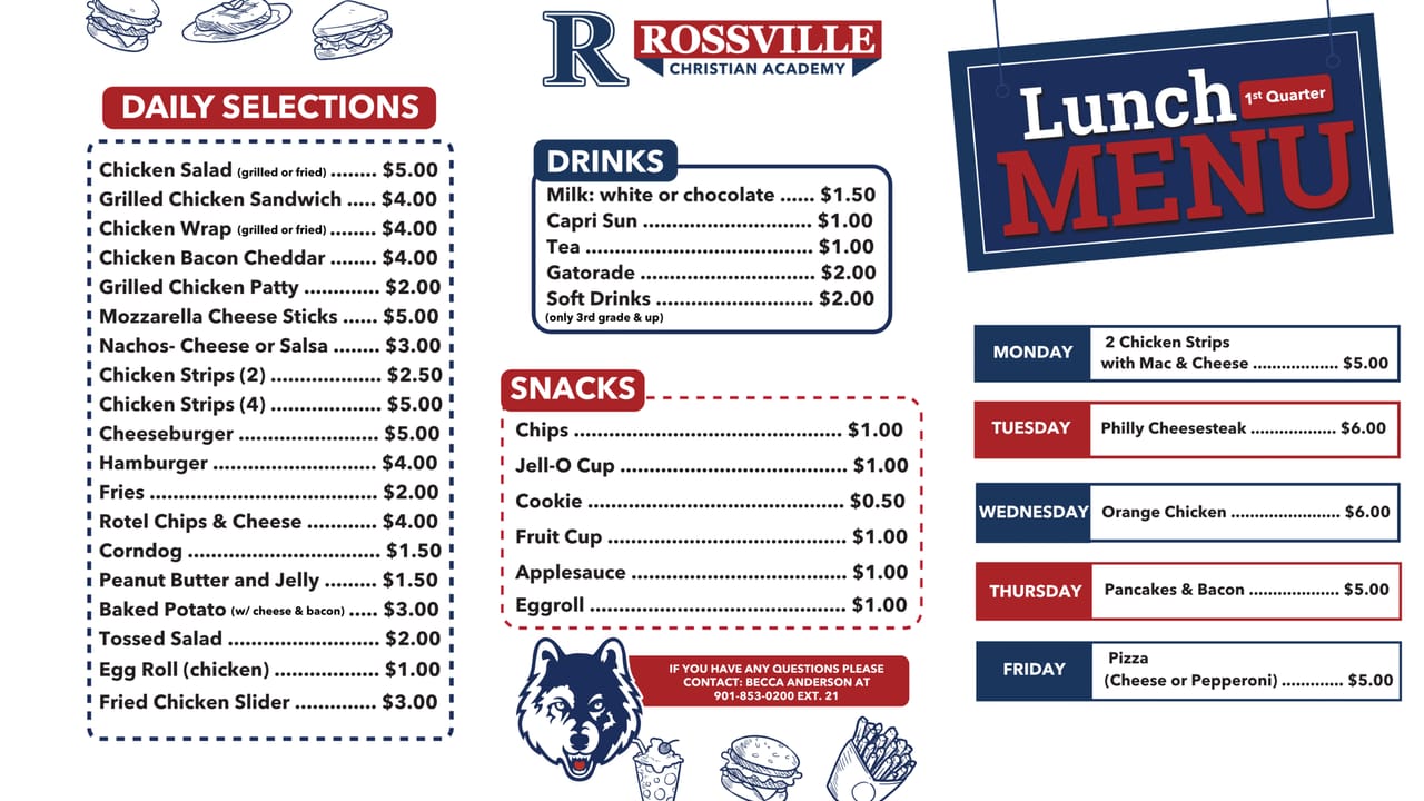 Rossville Christian Academy lunch menu — 2026-27 · Quarter 1
